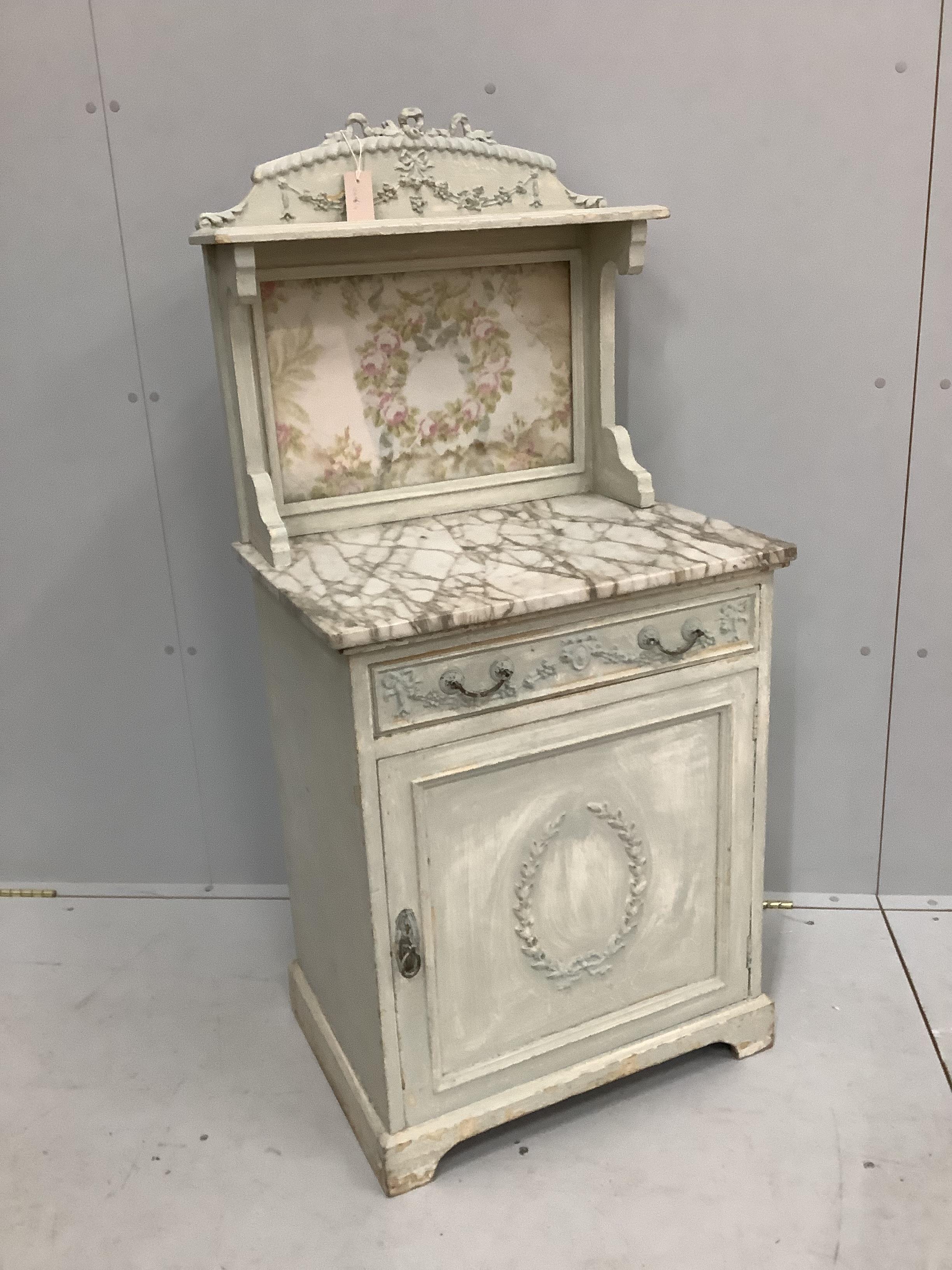 An early 20th century painted wood and composition marble topped washstand, width 61cm, depth 45cm, height 128cm